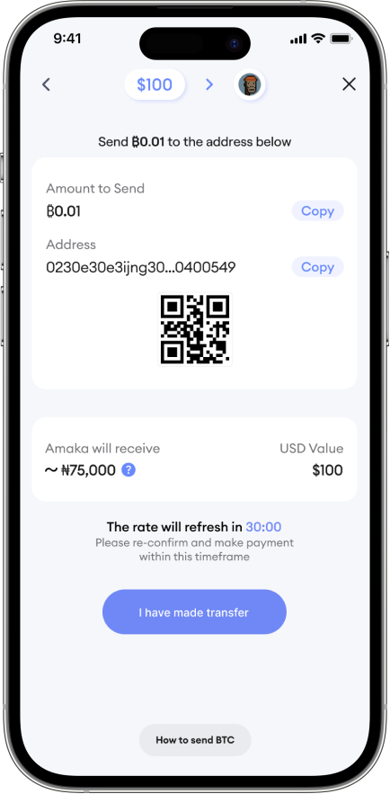 A screenshot of the Sendcash app showing BTC transfer